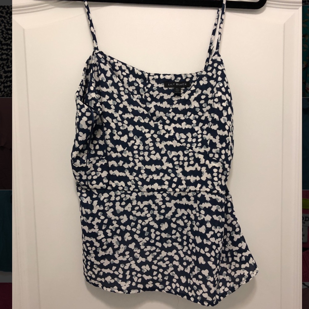 Navy, grey and white polka-dot blouse